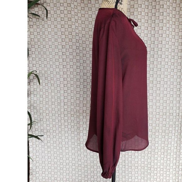 Women's Blouse Wine Red Long Sleeve Sheer Tie-Neck Blouse Large NWOT - Picture 7 of 8